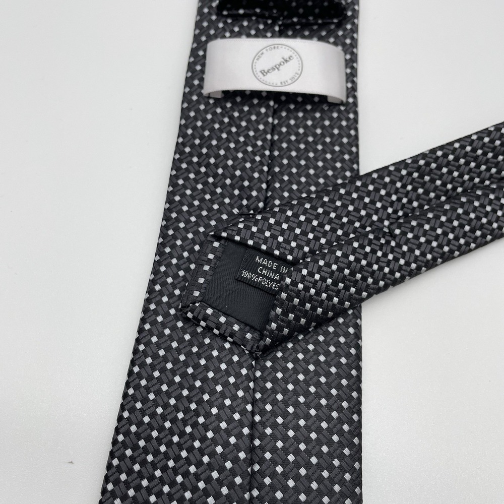 Bespoke Men's 100% Polyester Tie Black Silver Gray White Necktie - Picture 3 of 5